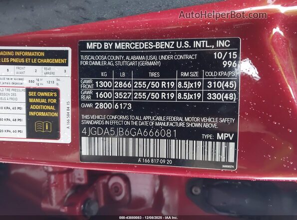 4JGDA5JB6GA666081 2016 MERCEDES-BENZ GLE 350 Красный 