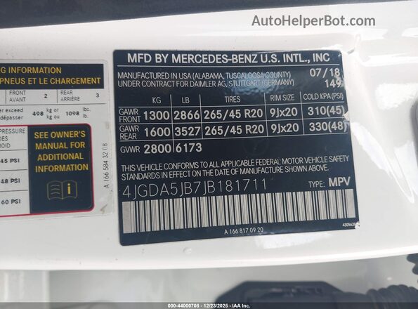 4JGDA5JB7JB181711 2018 MERCEDES-BENZ GLE 350 Белый 