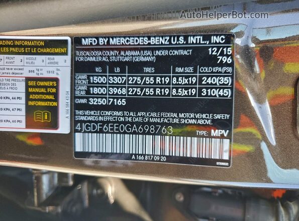 4JGDF6EE0GA698763 2016 MERCEDES-BENZ GL-CLASS Brown VIN կոդի պիտակի տեսք