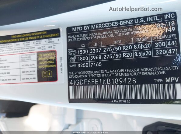 4JGDF6EE1KB189428 2019 MERCEDES-BENZ GLS 450 White Widok komory silnika