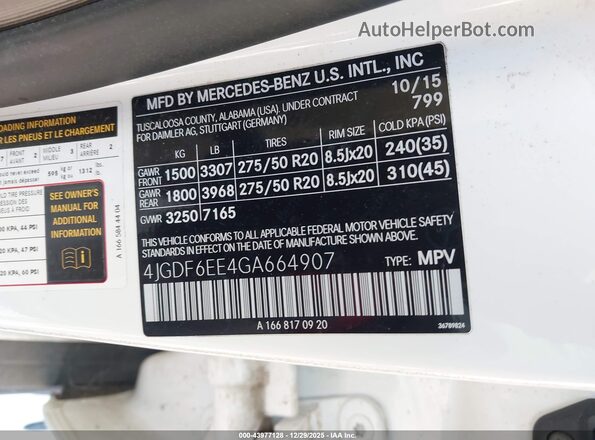 4JGDF6EE4GA664907 2016 MERCEDES-BENZ GL 450 White ძრავის განყოფილების ხედი