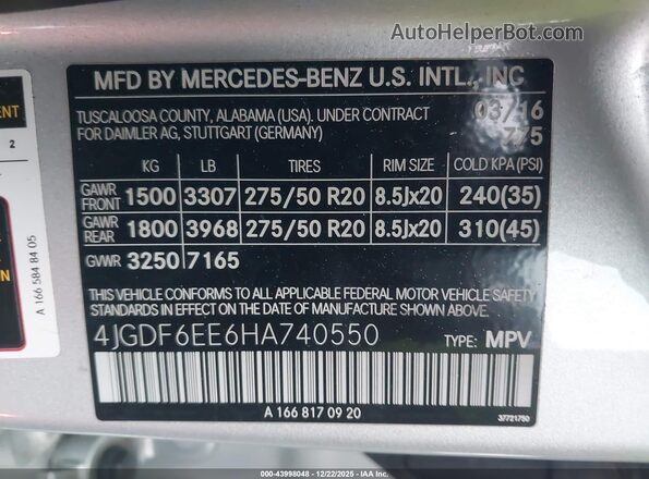4JGDF6EE6HA740550 2017 MERCEDES-BENZ GLS 450 Серебряный 