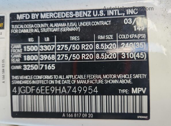 4JGDF6EE9HA749954 2017 MERCEDES-BENZ GLS White VIN კოდის სტიკერის ხედი