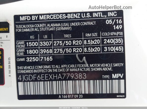 4JGDF6EEXHA779383 2017 MERCEDES-BENZ GLS 450 White Вид підкапотного простору