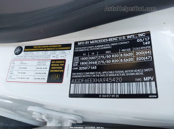4JGDF6EEXHA945420 2017 MERCEDES-BENZ GLS 450 White Vista del compartimento del motor