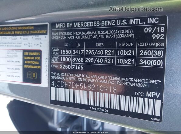 4JGDF7DE5KB210918 2019 MERCEDES-BENZ GLS 550 Gray Շարժիչի բաժամունքի տեսք