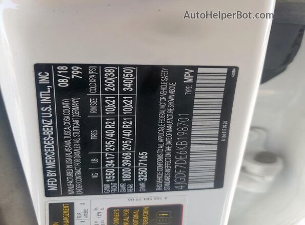 4JGDF7DE6KB198701 2019 MERCEDES-BENZ GLS White VIN კოდის სტიკერის ხედი