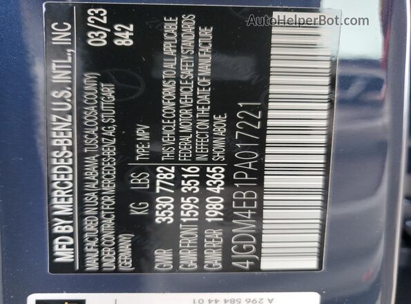 4JGDM4EB1PA017221 2023 MERCEDES-BENZ EQS Blue Vista de la etiqueta del VIN