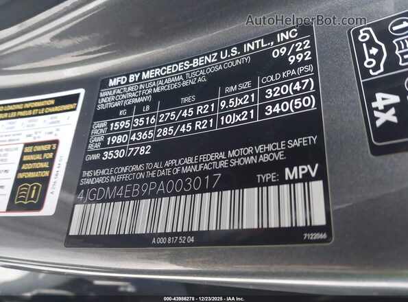 4JGDM4EB9PA003017 2023 MERCEDES-BENZ EQS 580 SUV Gray Շարժիչի բաժամունքի տեսք