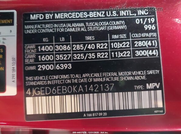 4JGED6EB0KA142137 2019 MERCEDES-BENZ AMG GLE 43 COUPE Burgundy Vista del compartimento del motor