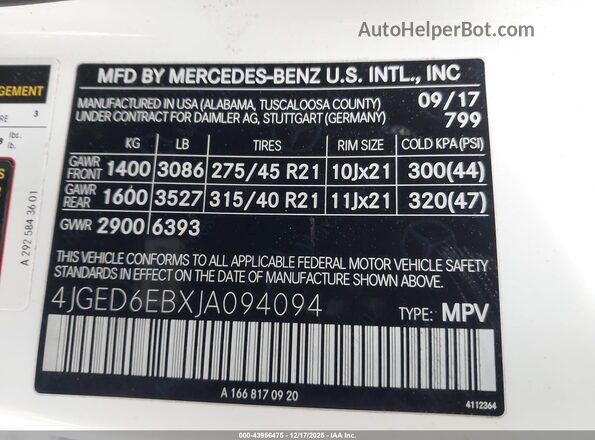4JGED6EBXJA094094 2018 MERCEDES-BENZ AMG GLE 43 COUPE White Engine compartment view