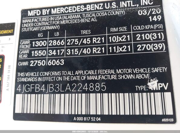 4JGFB4JB3LA224885 2020 MERCEDES-BENZ GLE 350 White Widok komory silnika