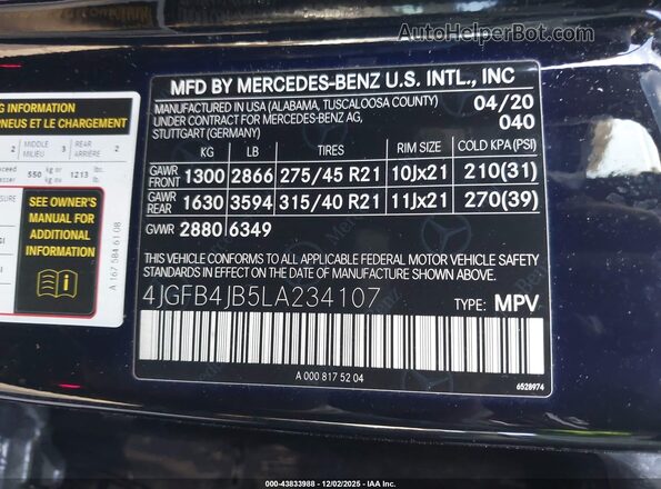4JGFB4JB5LA234107 2020 MERCEDES-BENZ GLE 350 Black Вид підкапотного простору