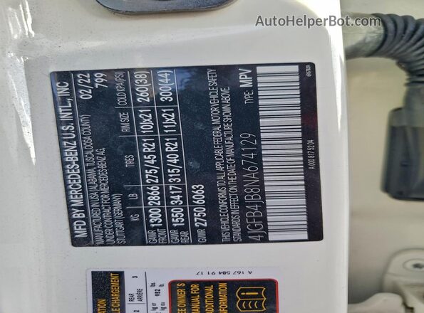 4JGFB4JB8NA674129 2022 MERCEDES-BENZ GLE Белый 