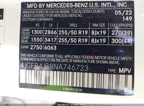 4JGFB4JB8NA746723 2022 MERCEDES-BENZ GLE 350 White 