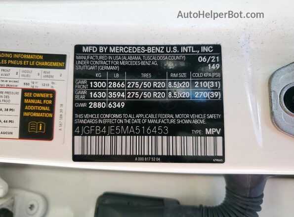 4JGFB4JE5MA516453 2021 MERCEDES-BENZ GLE White VIN կոդի պիտակի տեսք