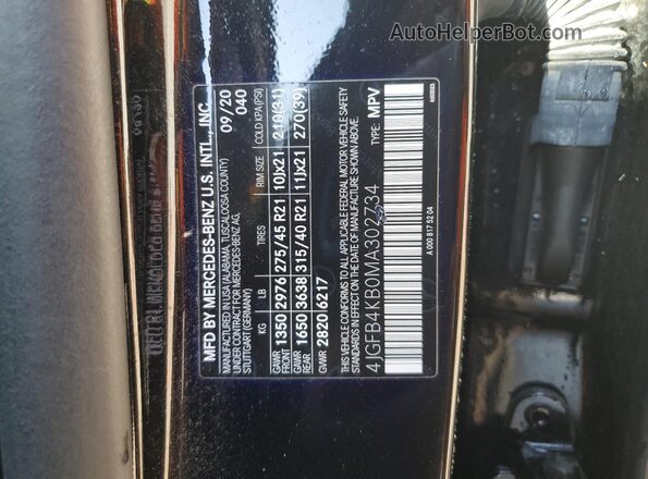 4JGFB4KB0MA302734 2021 MERCEDES-BENZ GLE Black VIN კოდის სტიკერის ხედი