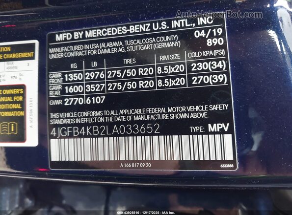 4JGFB4KB2LA033652 2020 MERCEDES-BENZ GLE 350 Dark Blue Engine compartment view