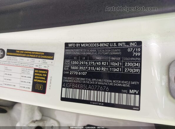 4JGFB4KB5LA077676 2020 MERCEDES-BENZ GLE 350 White Widok komory silnika