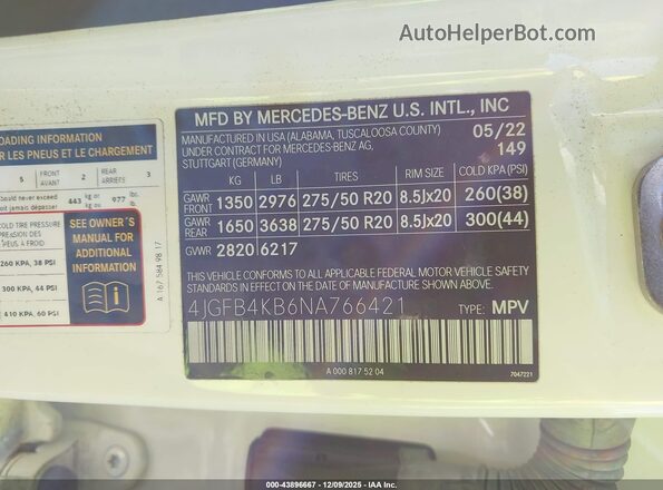 4JGFB4KB6NA766421 2022 MERCEDES-BENZ GLE 350 Белый 