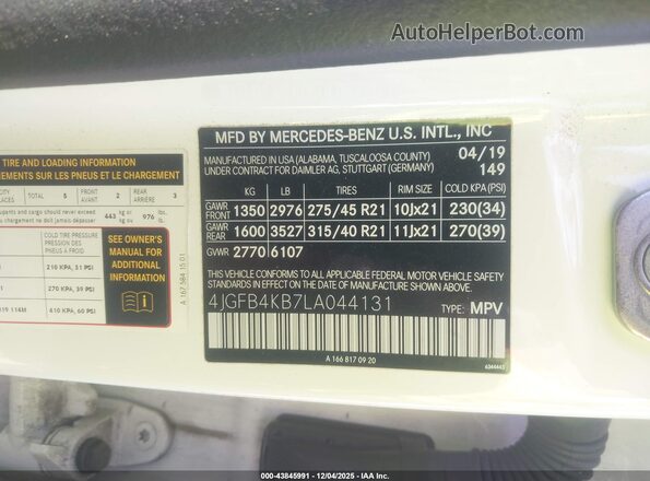 4JGFB4KB7LA044131 2020 MERCEDES-BENZ GLE 350 White Widok komory silnika