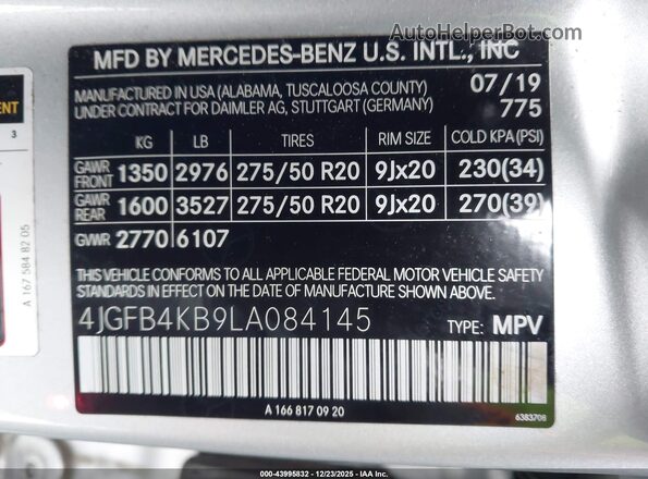 4JGFB4KB9LA084145 2020 MERCEDES-BENZ GLE 350 Silver 