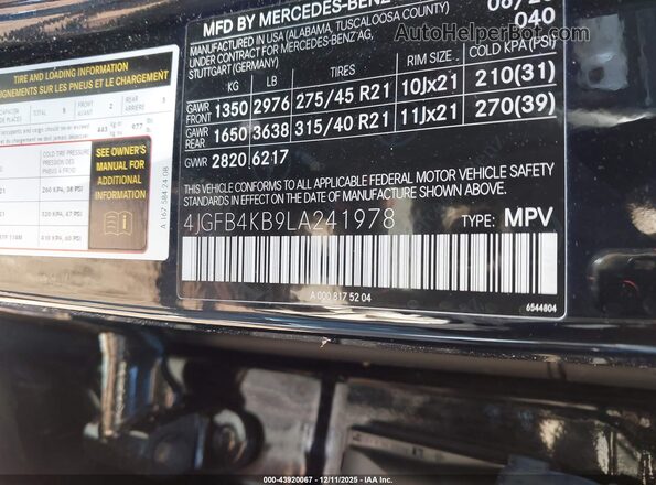 4JGFB4KB9LA241978 2020 MERCEDES-BENZ GLE 350 Black 