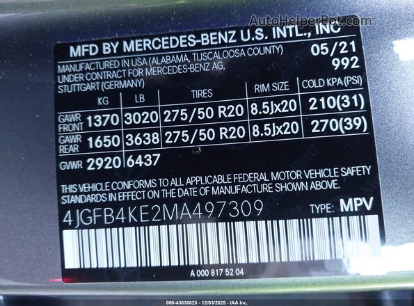 4JGFB4KE2MA497309 2021 MERCEDES-BENZ GLE 350 Gray Vista del compartimento del motor