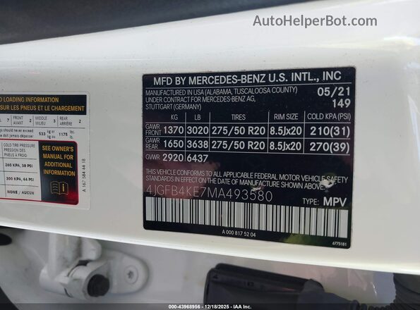 4JGFB4KE7MA493580 2021 MERCEDES-BENZ GLE 350 White Вид підкапотного простору