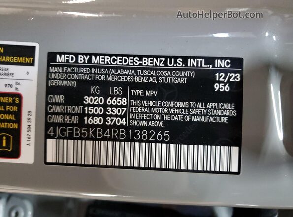 4JGFB5KB4RB138265 2024 MERCEDES-BENZ GLE Gray VIN კოდის სტიკერის ხედი