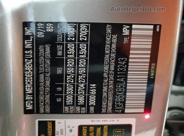 4JGFB5KB5LA113243 2020 MERCEDES-BENZ GLE Silver VIN կոդի պիտակի տեսք