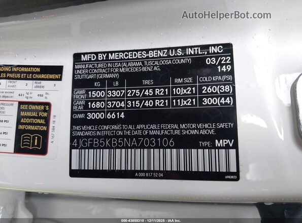 4JGFB5KB5NA703106 2022 MERCEDES-BENZ GLE 450 Белый Вид подкапотного пространства