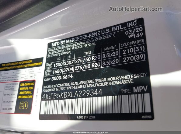 4JGFB5KBXLA229344 2020 MERCEDES-BENZ GLE 450 White Вид підкапотного простору