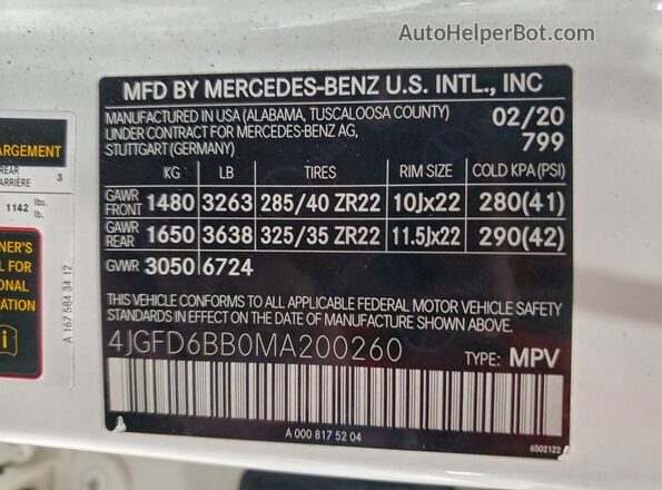 4JGFD6BB0MA200260 2021 MERCEDES-BENZ GLE White VIN կոդի պիտակի տեսք