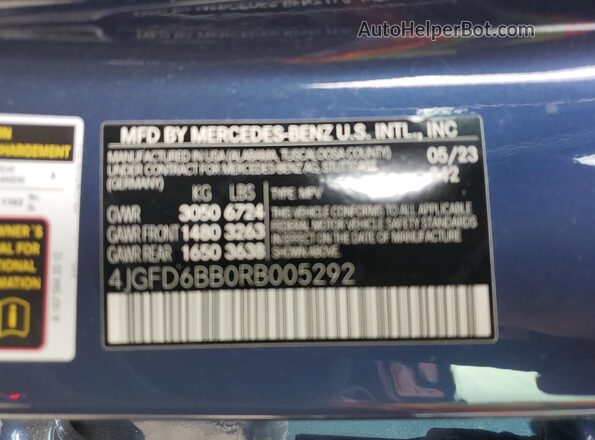 4JGFD6BB0RB005292 2024 MERCEDES-BENZ GLE Blue VIN sticker view