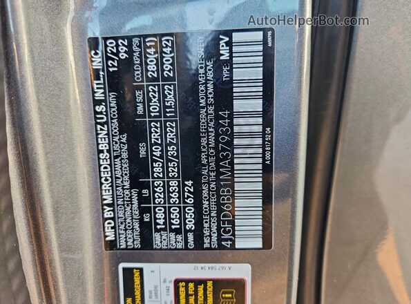 4JGFD6BB1MA379344 2021 MERCEDES-BENZ GLE-CLASS Gray VIN sticker view