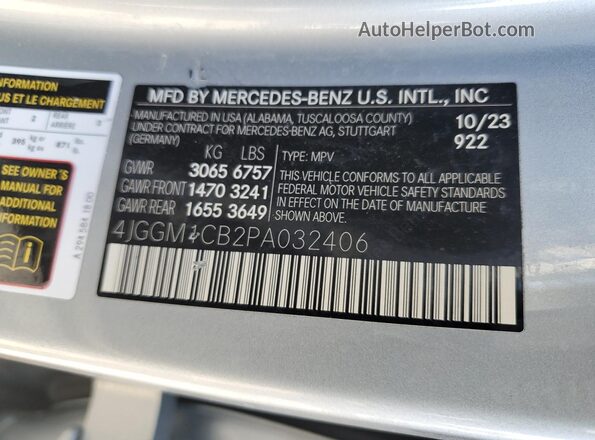4JGGM1CB2PA032406 2023 MERCEDES-BENZ EQE Silver Vista de la etiqueta del VIN
