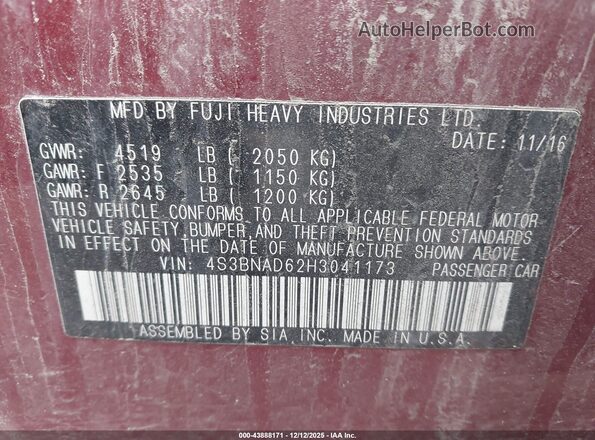 4S3BNAD62H3041173 2017 SUBARU LEGACY Maroon Widok komory silnika