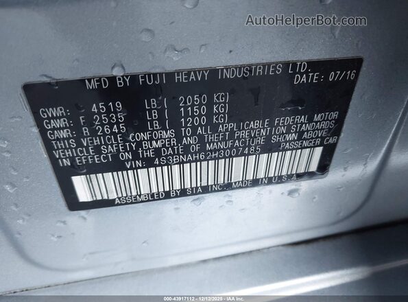 4S3BNAH62H3007485 2017 SUBARU LEGACY Silver Engine compartment view