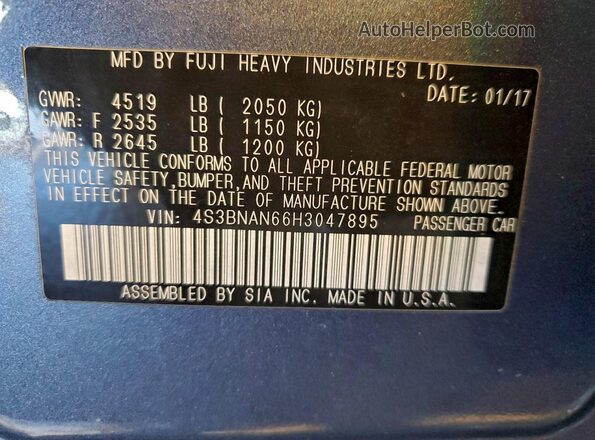 4S3BNAN66H3047895 2017 SUBARU LEGACY Blue Engine compartment view