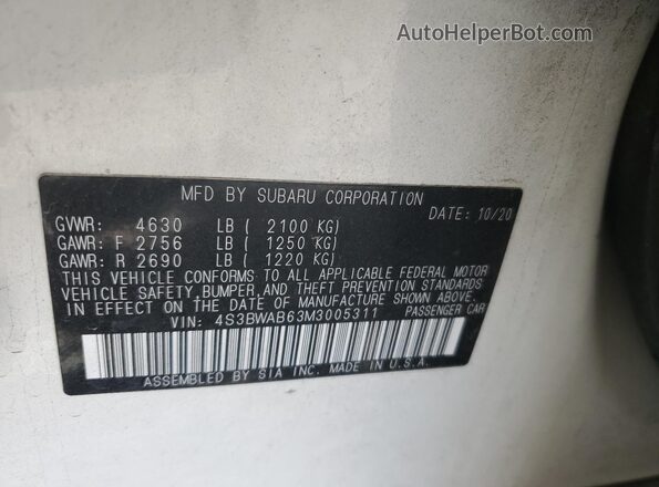 4S3BWAB63M3005311 2021 SUBARU LEGACY Белый Вид подкапотного пространства