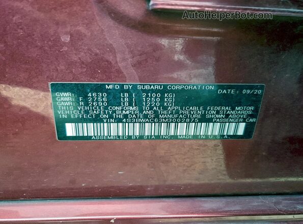 4S3BWAC63M3002875 2021 SUBARU LEGACY Red Vista del compartimento del motor