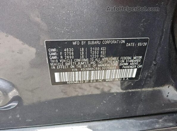 4S3BWAC68L3025695 2020 SUBARU LEGACY Charcoal Շարժիչի բաժամունքի տեսք