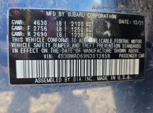 4S3BWAD69N3012858 2022 SUBARU LEGACY Blue VIN sticker view