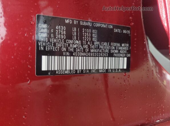 4S3BWAD69S3028263 2025 SUBARU LEGACY Burgundy Вид підкапотного простору