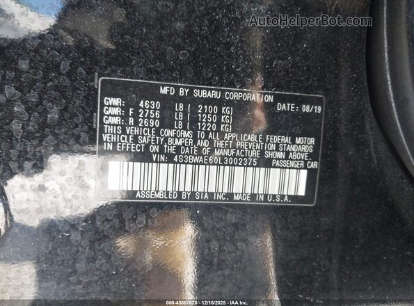 4S3BWAE60L3002375 2020 SUBARU LEGACY Black Vista del compartimento del motor