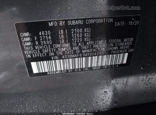 4S3BWAF61M3004295 2021 SUBARU LEGACY Gray Շարժիչի բաժամունքի տեսք