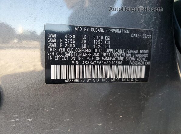 4S3BWAF63M3019686 2021 SUBARU LEGACY Gray ძრავის განყოფილების ხედი