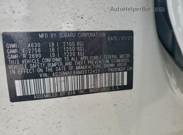 4S3BWAF66M3012425 2021 SUBARU LEGACY Белый Вид наклейки с VIN-кодом