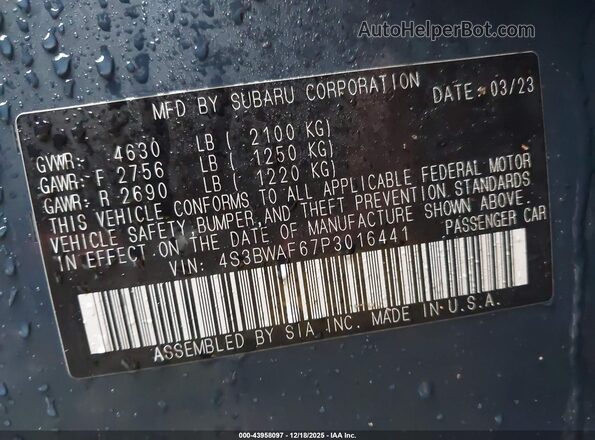 4S3BWAF67P3016441 2023 SUBARU LEGACY Blue Вид підкапотного простору